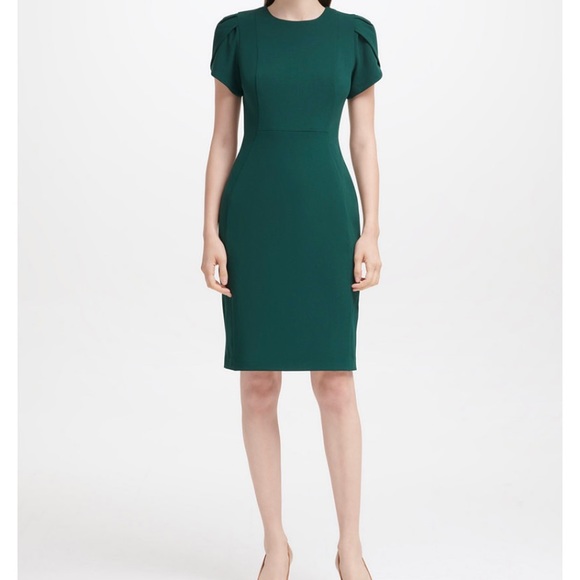 NWT! Green Puff-Sleeve Calvin Klein Sheath Dress - Picture 2 of 8